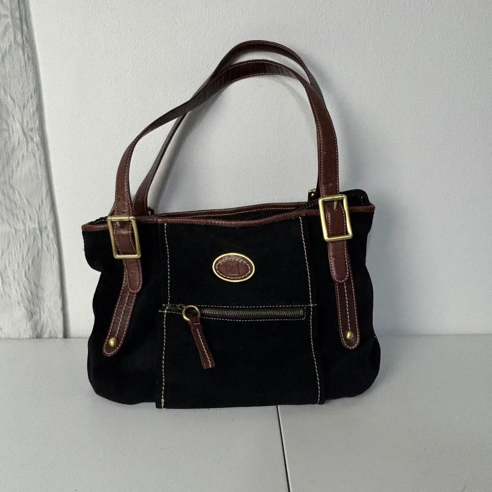 Giani Bernini Black Suede Shoulder Bag Brown Leather Trim Multi-Pocket Slouchy